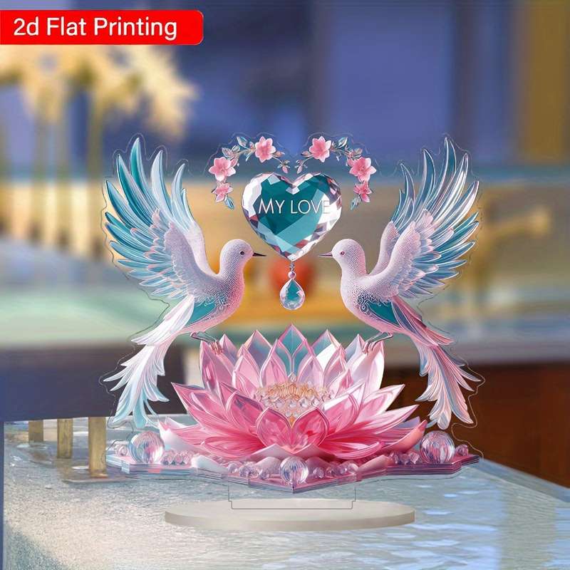 1pc 2D Flat  Printing  Acrylic Desk Decor with Doves Lotus Flower Design Glam Style No