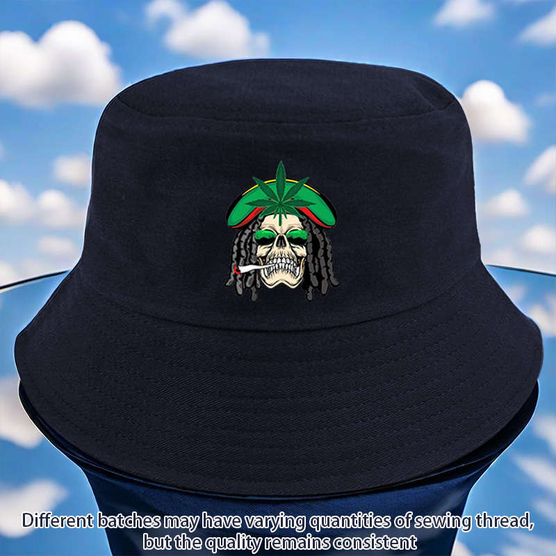 1pc Reggae Style Green Leaf Skull Print Bucket Hat Lightweight All-Season Fisherman Cap with T