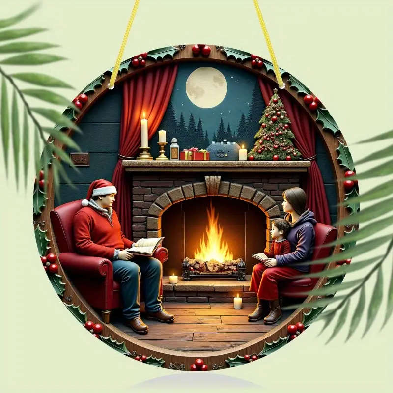1pc Cozy Warmth Cozy Fireplace Scene Wooden Wall Art 20.32x20.32 cm Romantic Decor Featuring Family