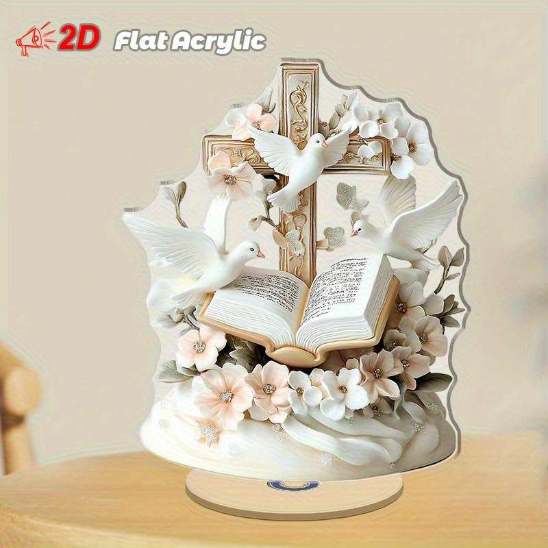 1pc 2D Flat  Acrylic 3D Cross Pendant with Doves Flowers and Open Bible Rotating Crystal Desktop