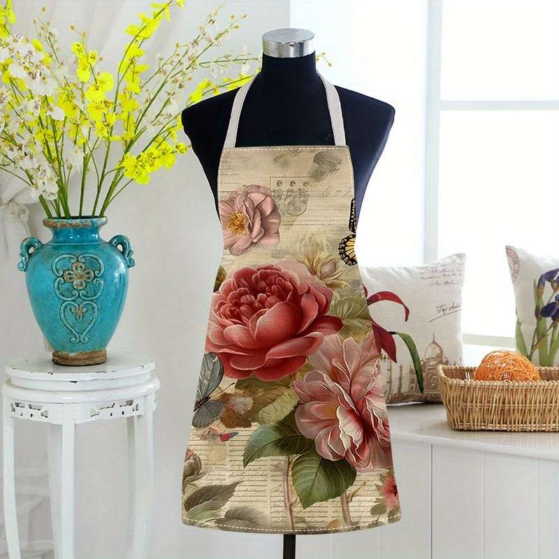1pc Floral Print Linen Apron Stylish Vintage Rose Design Lightweight Breathable for Cookin