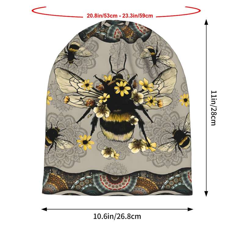 1pc Fashionable Men'S Novelty Bee and Floral Print Skull Cap Polyester Knit Beanie with Elast