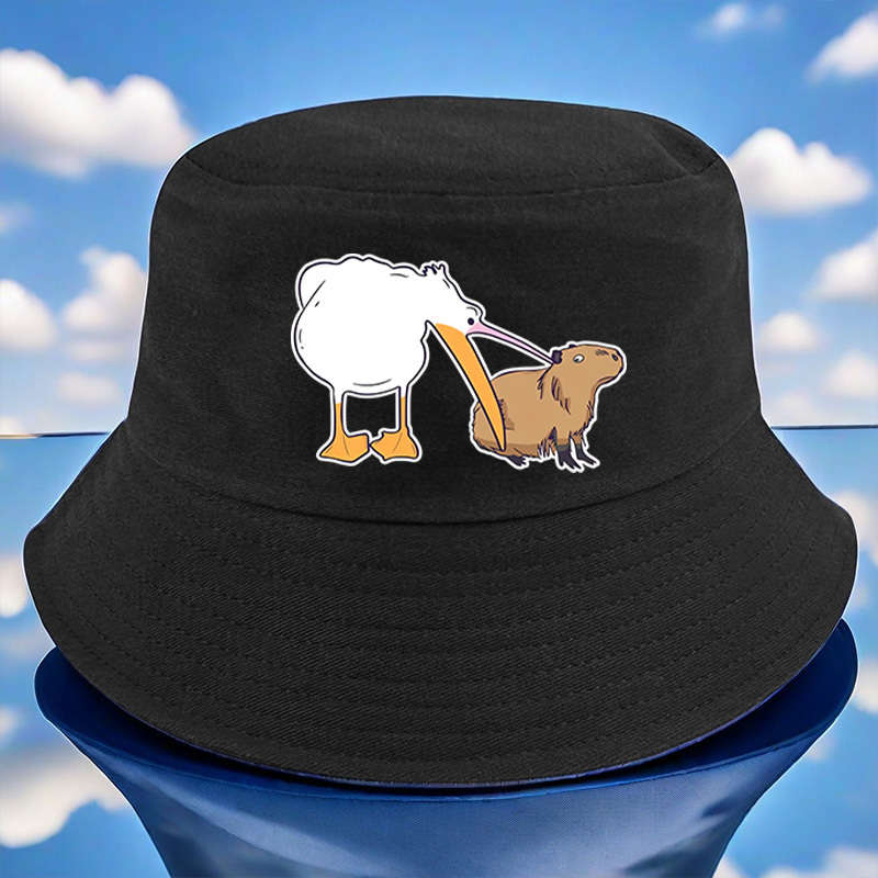 1pc Fun Goose with Big Mouth Eating Small Animals Print Bucket Hat Versatile and Lightweight Avai