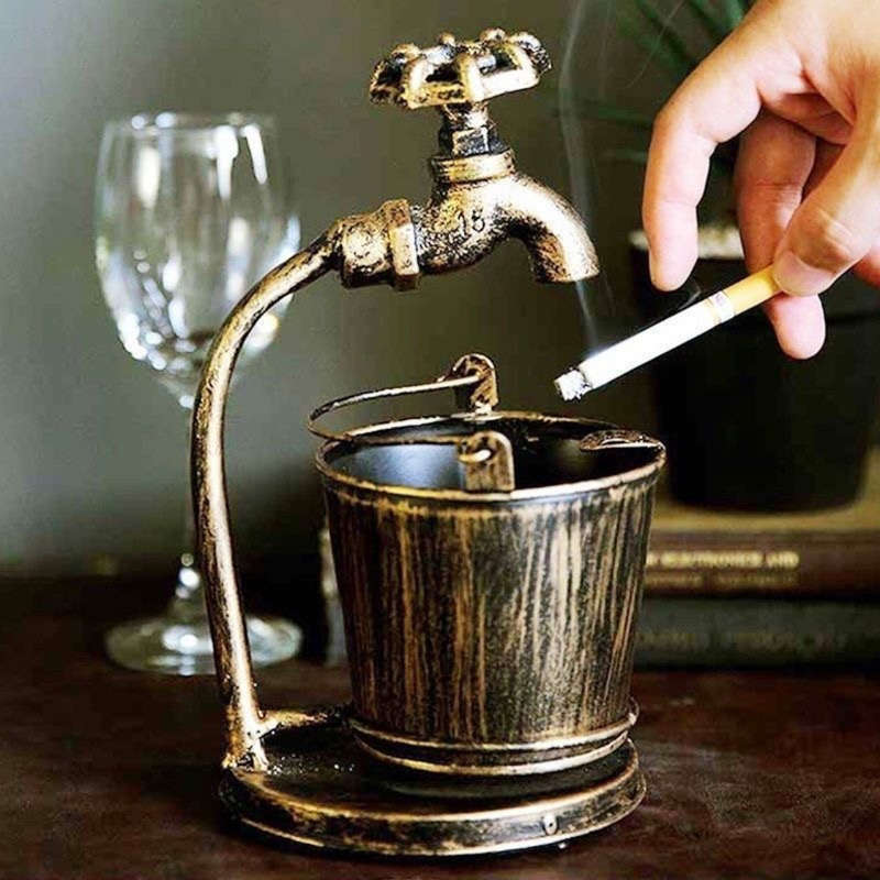 1pc Vintage European-Style Copper Ashtray with Faucet Design C Decorative Iron Art for Home Office