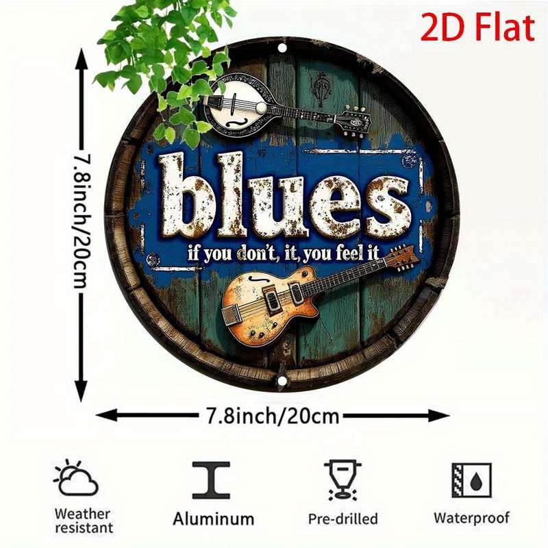 1pc Vintage Blues Music-Inspired 20.32x20.32 cm Metal Sign Rustic Blue Guitar Accordion Wall Ar
