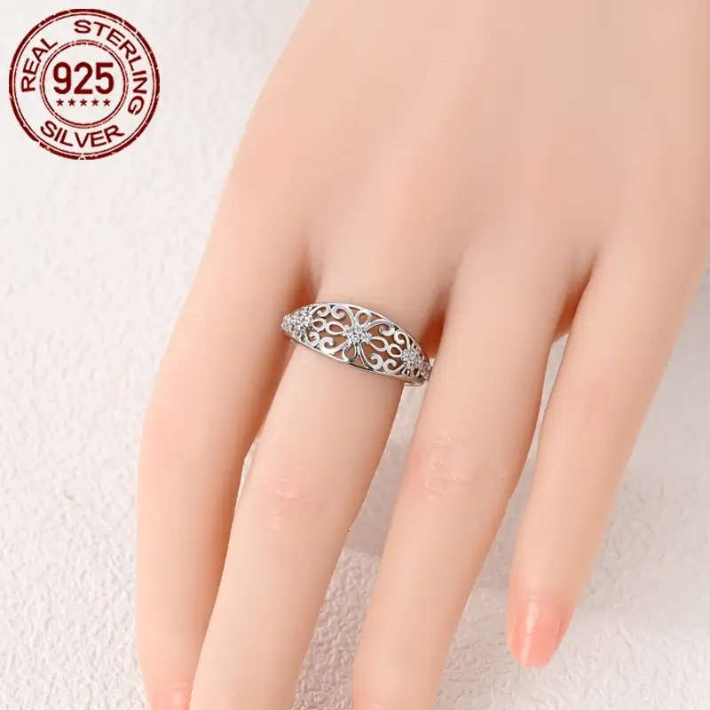 925 Sterling Silver Vintage Hollow Flower Pattern Inlay Zirconia Ring