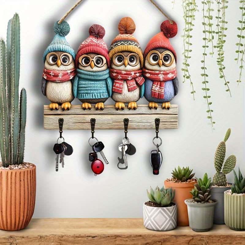 5 Cute Owl Key HoldersColorful Wooden  Home Decor Wall Art with Four Metal Hooks (30.0cm x 24.99