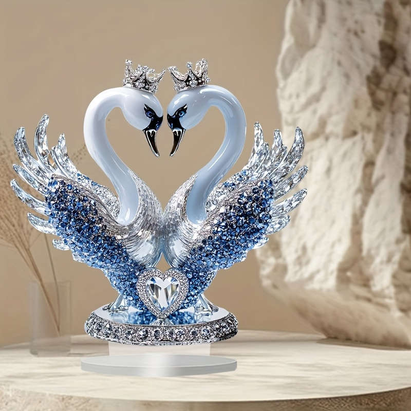 1pc 2D Flat   Ornate Style Acrylic Swan Statue with Heart Shaped Crown Romantic Desktop Decorat
