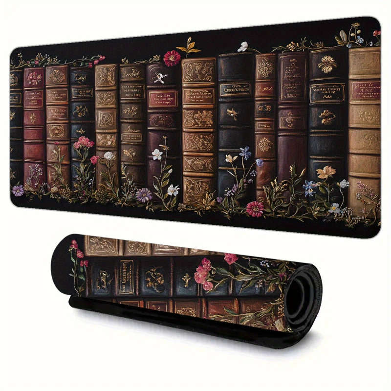 1pc 40x90cm Vintage Bookshelf Design Extended Mouse Pad Durable Washable Non-Slip Rubber Base
