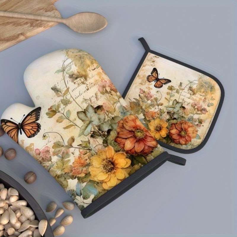 2pcs Vintage Floral Butterfly Heat-Resistant Oven Mitts 26.92x17.02 cm Polyester Kitchen Gl