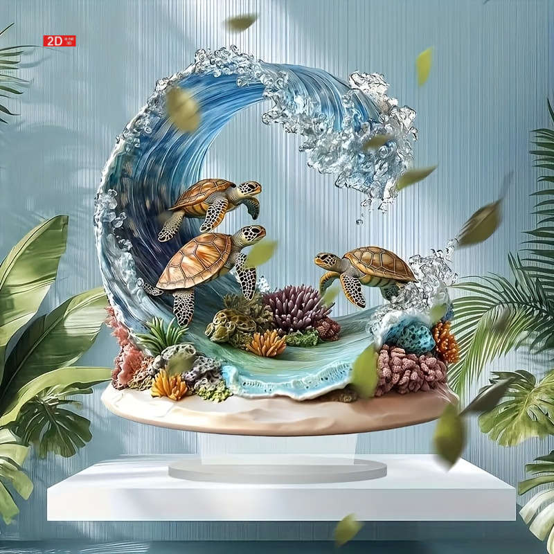 1pc 2D Flat  Bohemian Style Crystal Sea Turtle Wave Decor Plaque Vibrant Oceanic Scene with Color