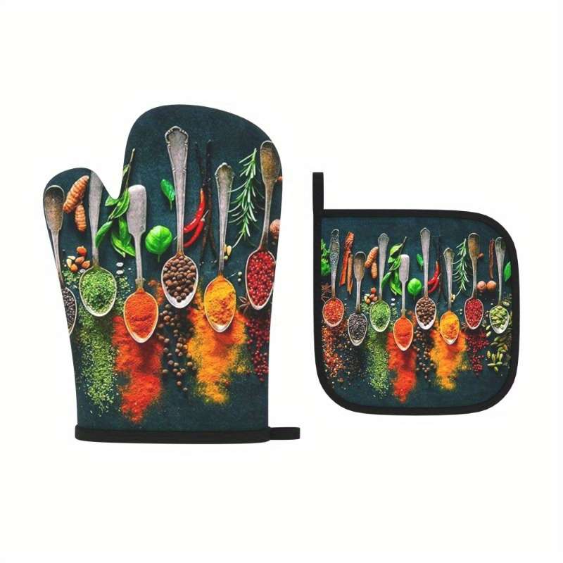 2pcs HeatGuard Kitchen Oven Mitts and Potholders Set Colorful Spices and Herbs Design 100% Po