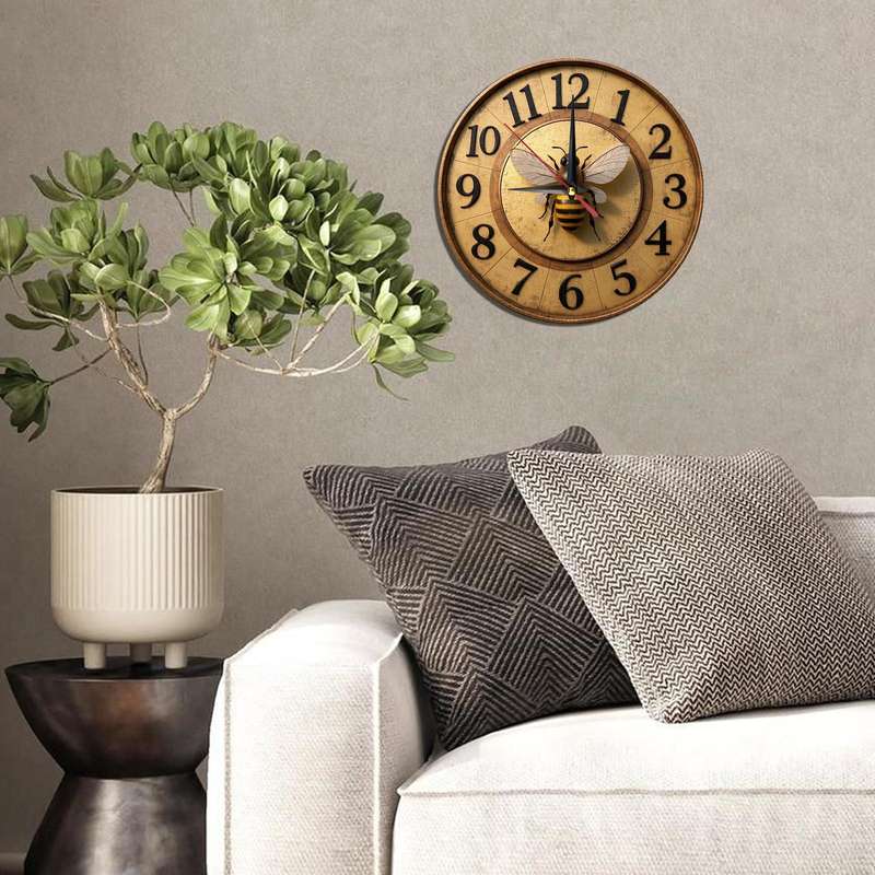 1pc Vintage Bee-Themed Wooden Round Wall Clock Silent Non-Ticking Farmhouse Decor for Kitchen Be