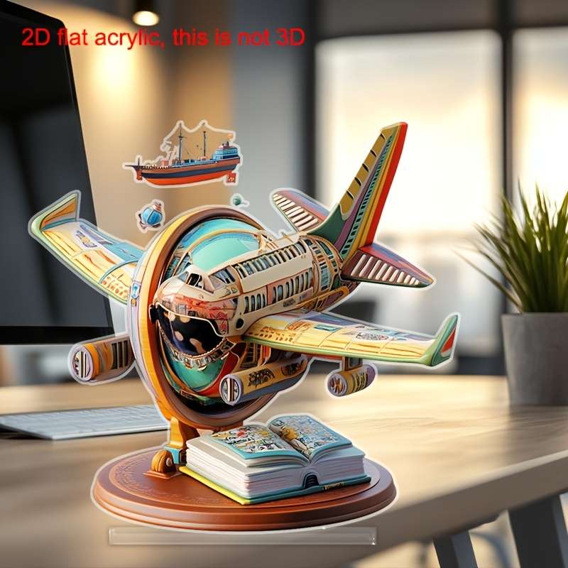 1pc 2D Flat  Vibrant Acrylic Airplane Globe Tabletop Decor Colorful Rainbow Design Perfect for