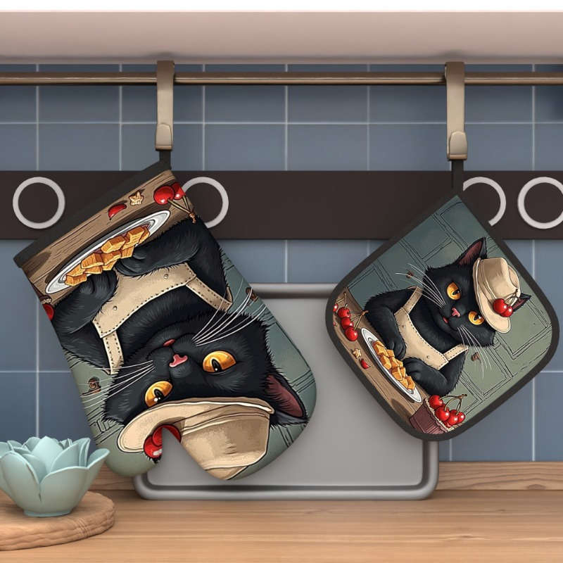 2pcs 26.92x17.02 cm Oven Mitts And Potholders Kitchen Style Black Cat Artistic Style Heat Resis