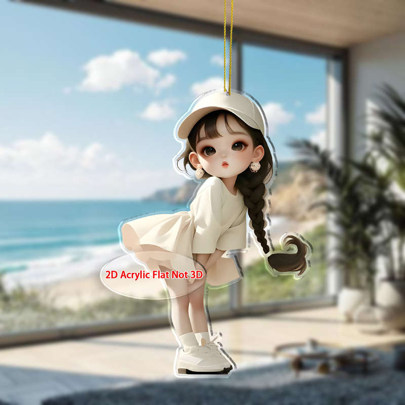 1pc 2D Flat  Acrylic Hanging Ornament Cute Girl with Coffee Design Perfect for Car Keychain Bac