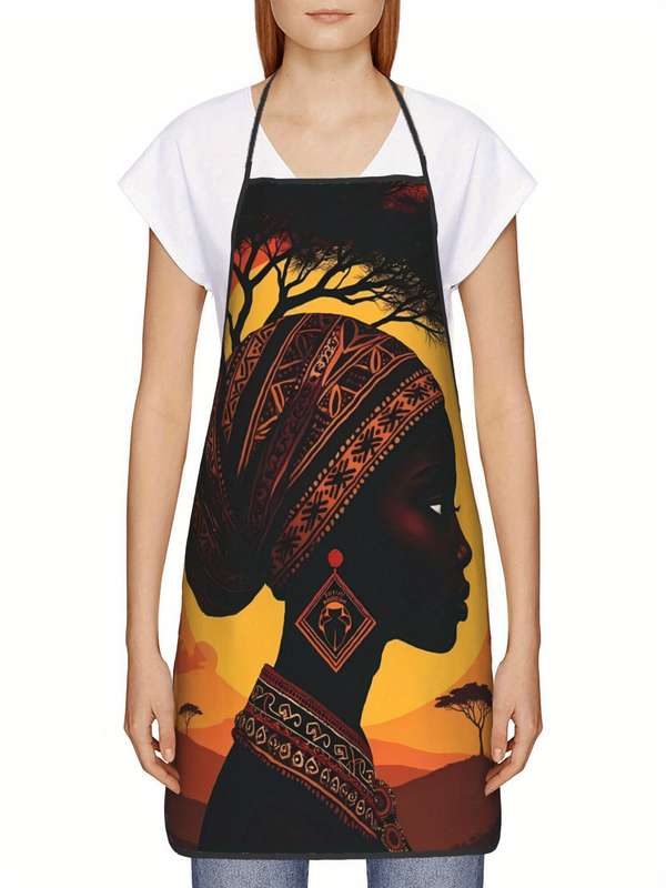 1pc Vibrant African Print Kitchen Apron Stylish Black Woman Design with Tribal Patterns Durable