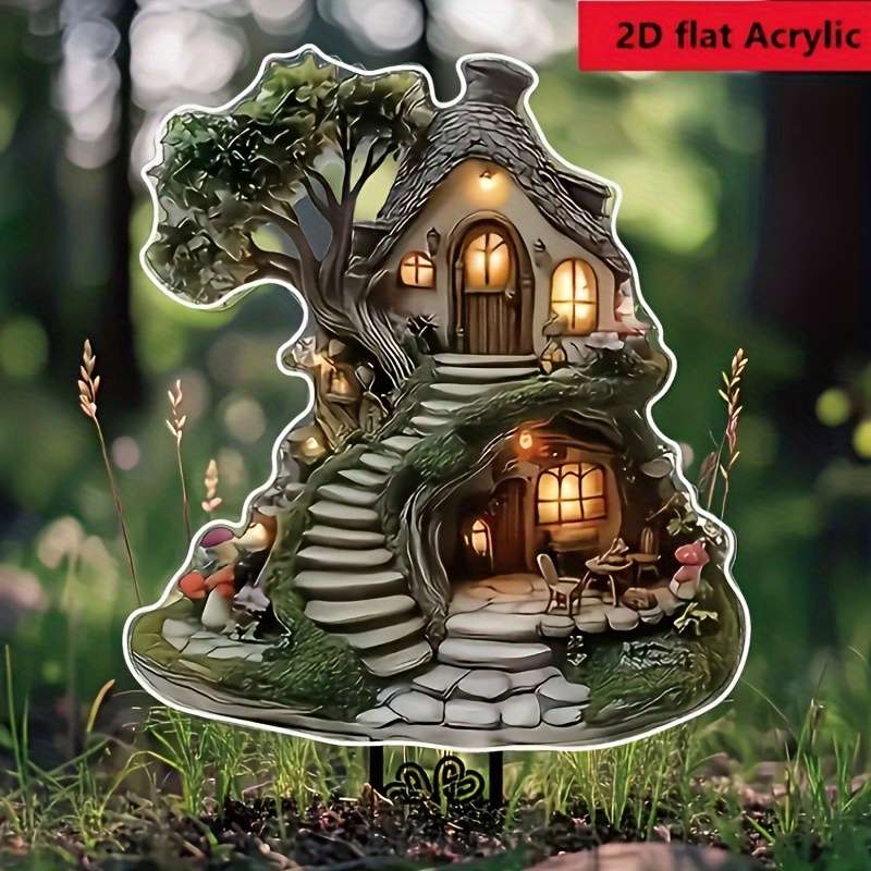 1pc 2D Flat  Glimm-Style Crystal Fairy Tree House Garden Plate Enchanting Lawn Ornament with Ston