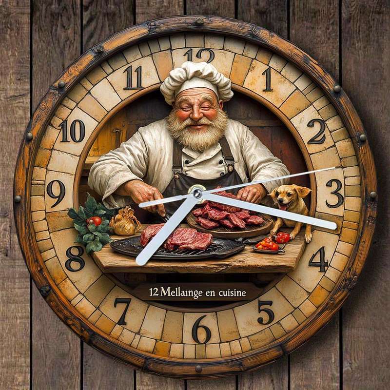 1pc Vintage Chef-Themed Wooden Wall Clock 24.89cm Round Silent Non-Ticking Timepiece Farmhouse Ki
