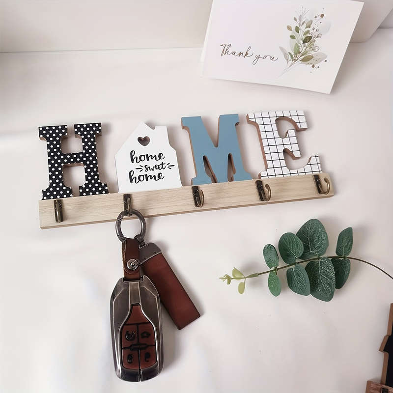 Rustic Wooden Floating Frame Hook Wall DecorAntique Key Holder with HOME Sign Easy Install Entry
