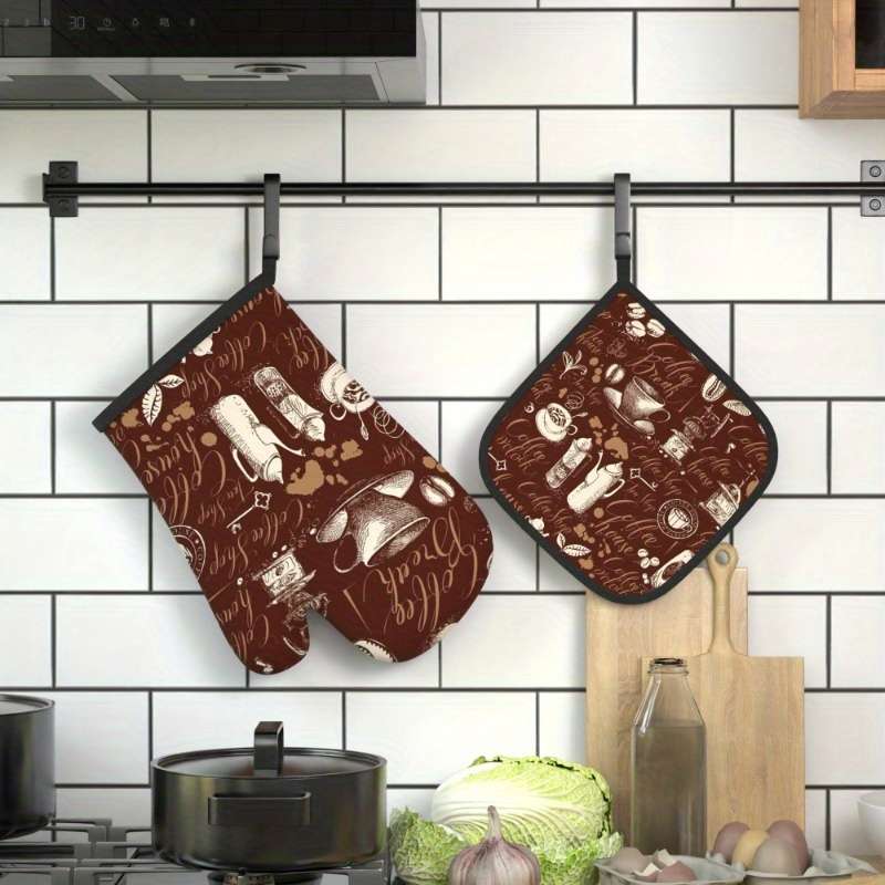 2pcs Vintage Coffee-Themed Heat-Resistant Oven Mitts Pot Holders 26.92x17.02 cm Brown with