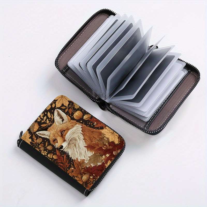 1pc Chic Autumn Fox Print Credit Card Holder 24 Slots Zippered Coin Purse ID Wallet for Men an