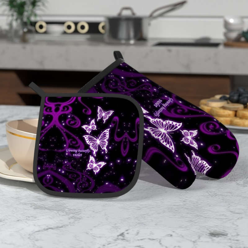 2pcs Purple Dream Butterfly Polyester Oven Mitts Heat Resistant Pot Holders Machine Washable