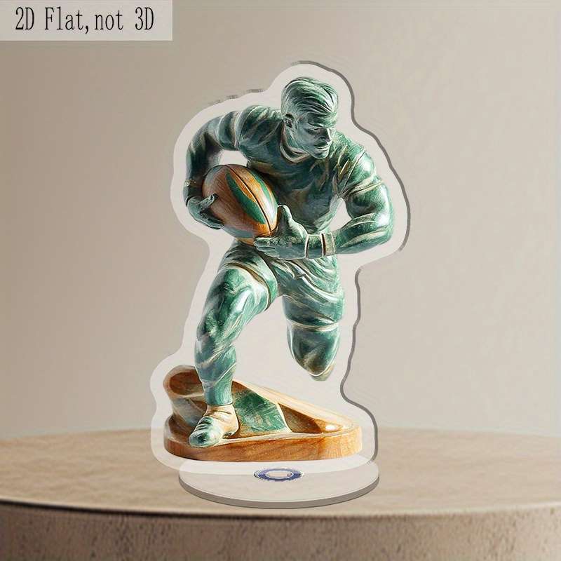 1pc 2D Flat  Acrylic  Rotatable Rugby Player Figurine Green Sports-Themed Stress Relief Desk Dec