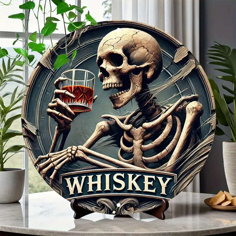 1pc Vintage Whiskey Skeleton Round Aluminum Sign Rustic Metal Wall Decor with Ornate Border Ideal fo