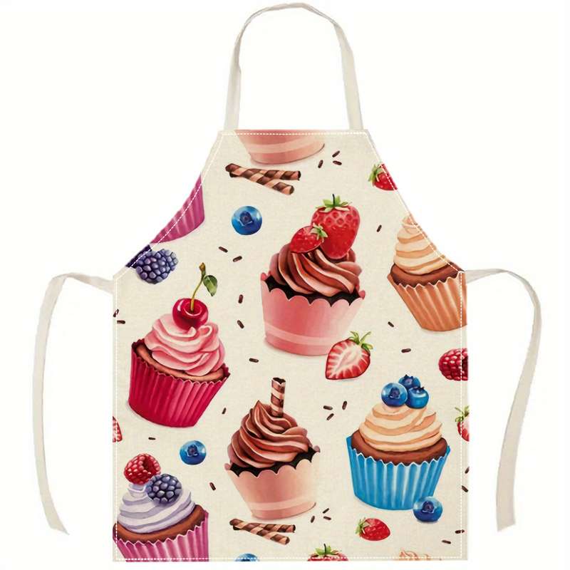 1pc Linen Apron with Cupcake Berry Print Easy-Clean Kitchen Cooking Baking Apron for Home