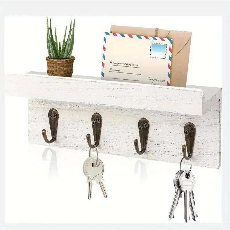Rustic Farmhouse Wooden Key Holder with 4 HooksWall-Mounted Mail Organizer for Bedroom Kitchen