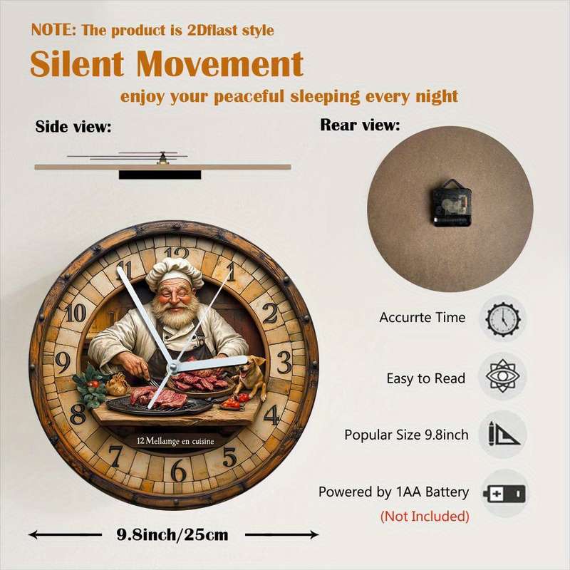 1pc Vintage Chef-Themed Wooden Wall Clock 24.89cm Round Silent Non-Ticking Timepiece Farmhouse Ki