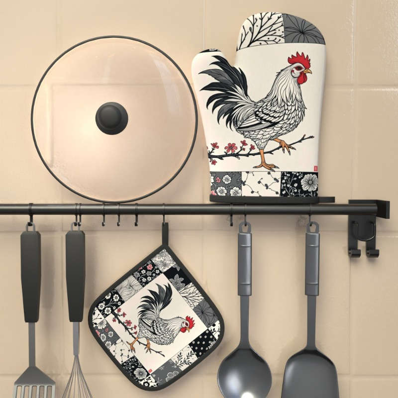 2pcs Rooster Plum Blossom Heat-Resistant Oven Mitts Floral Chinese Design 26.92x17.02 cm