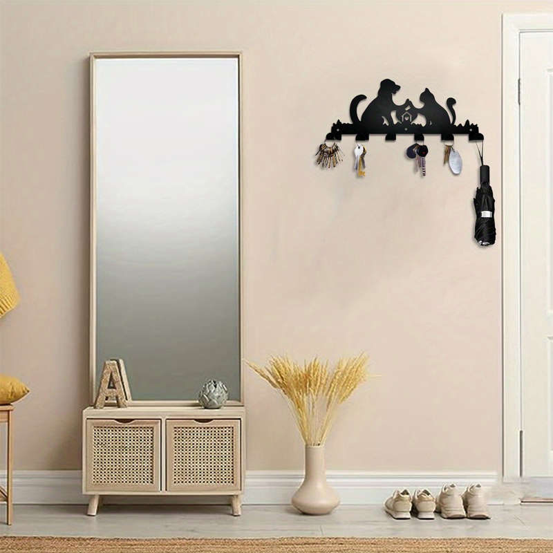 1pc Whimsical Cat  Dog Metal Wall Hook RackContemporary Black Silhouette Design with 6 Hooks for