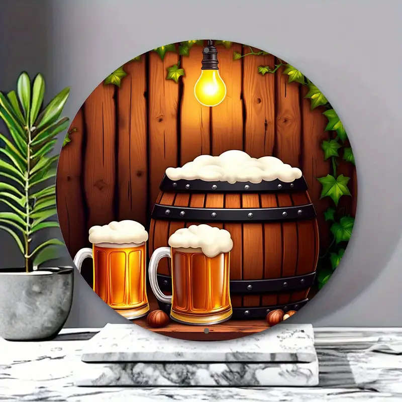 1 8" Round Aluminum Sign With Beer Mug And Barrel Design