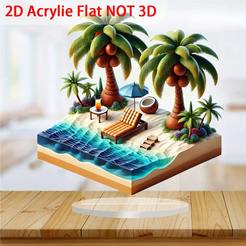 1pc 2D Flat  Vibrant Tropical Island  Acrylic Desk Decor Serene Beach Scene with Lounger Palm