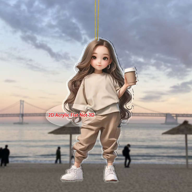1pc 2D Flat  Acrylic Hanging Ornament Cute Girl with Coffee Design Perfect for Car Keychain Bac