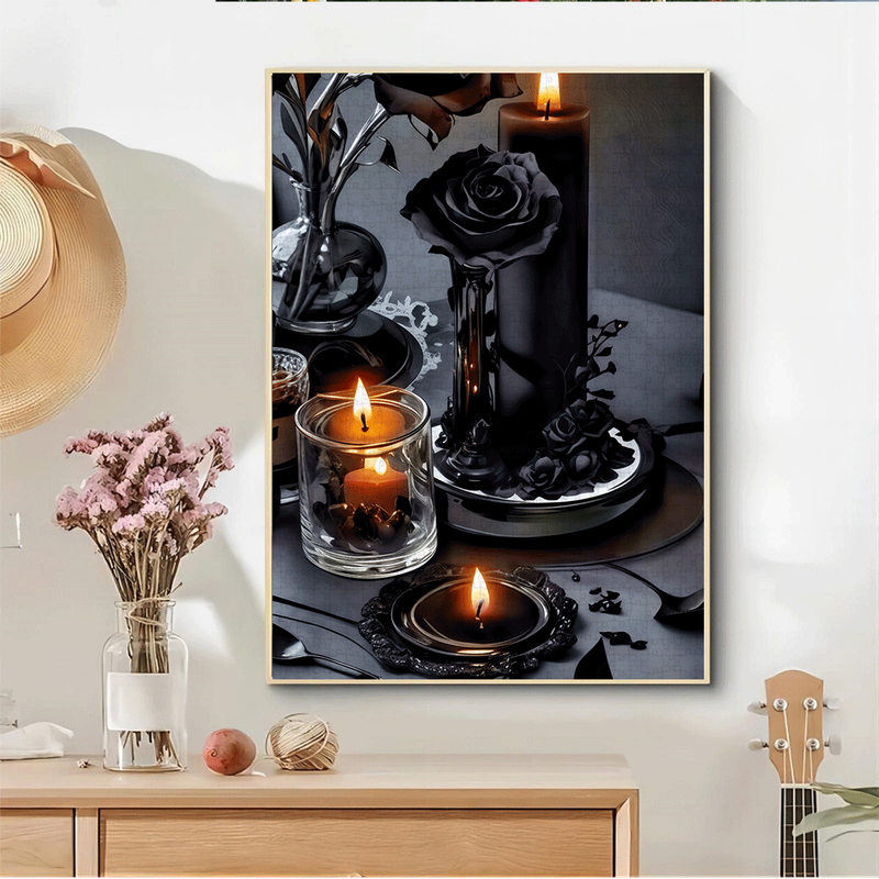 1000pcs Black Rose Candle Holder Jigsaw Puzzle Large Paper Puzzle for Adults Inter