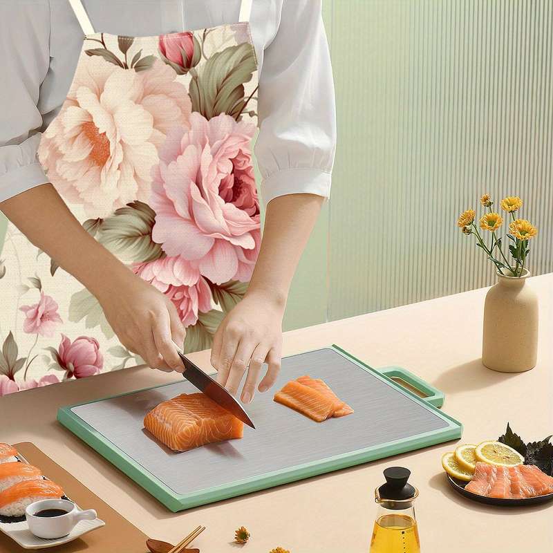 1pc Elegant Floral Linen Apron Peony Blossom Print Lightweight Durable for Cooking Baki