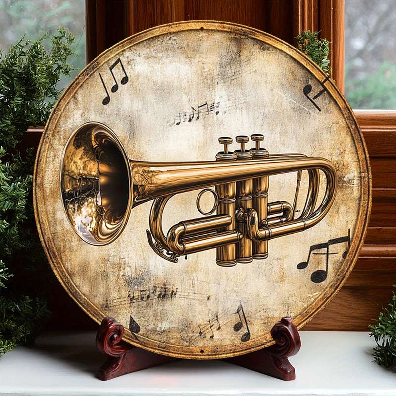 1pc  Trumpet Art Decoration 20.32x20.32 cm Round Aluminum Wall Art with Musical Notes Trumpe