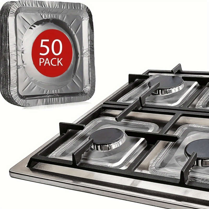 50pcs Disposable Aluminum Stove Burner Covers 8.5" Square Heat-Resistant Thick Kitchen Cook