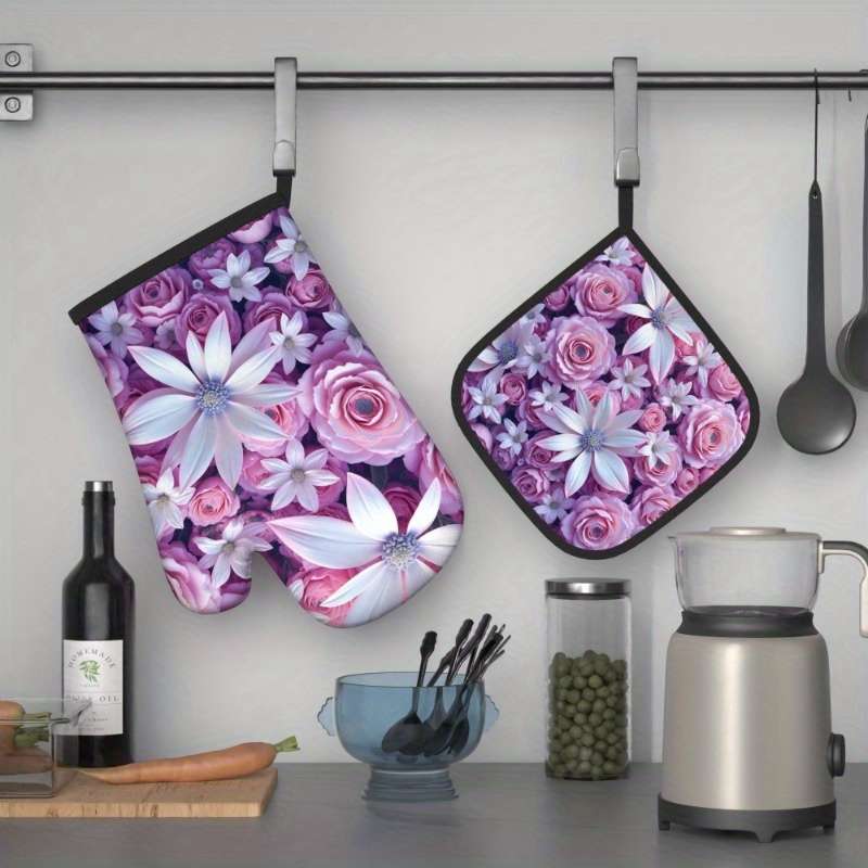 2pcs 26.92x17.02 cm Heat Resistant Oven Mitts and Potholders Beautiful Purple Flowers Oven Mitt