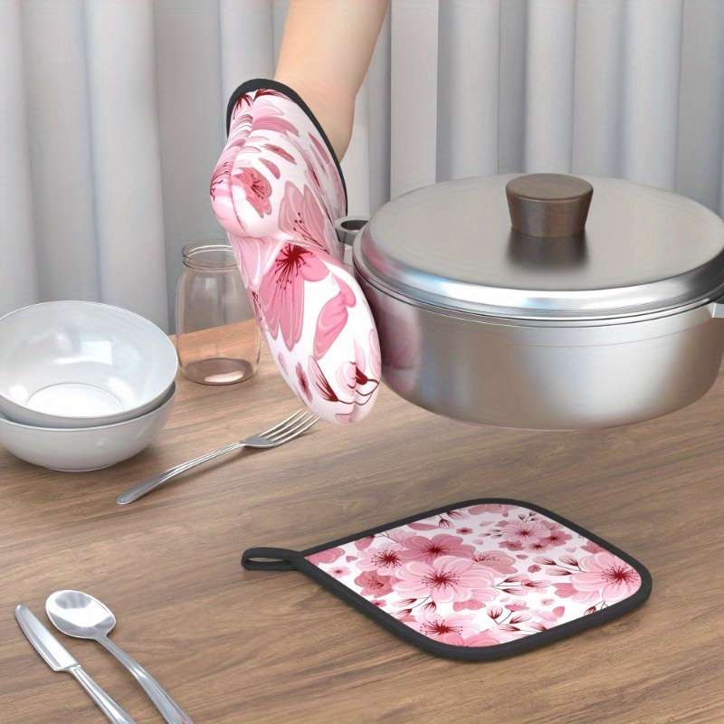 2pcs Pink Cherry Blossom Oven Mitts Pot Holders (26.92x17.02cm) Heat Resistant Polyester