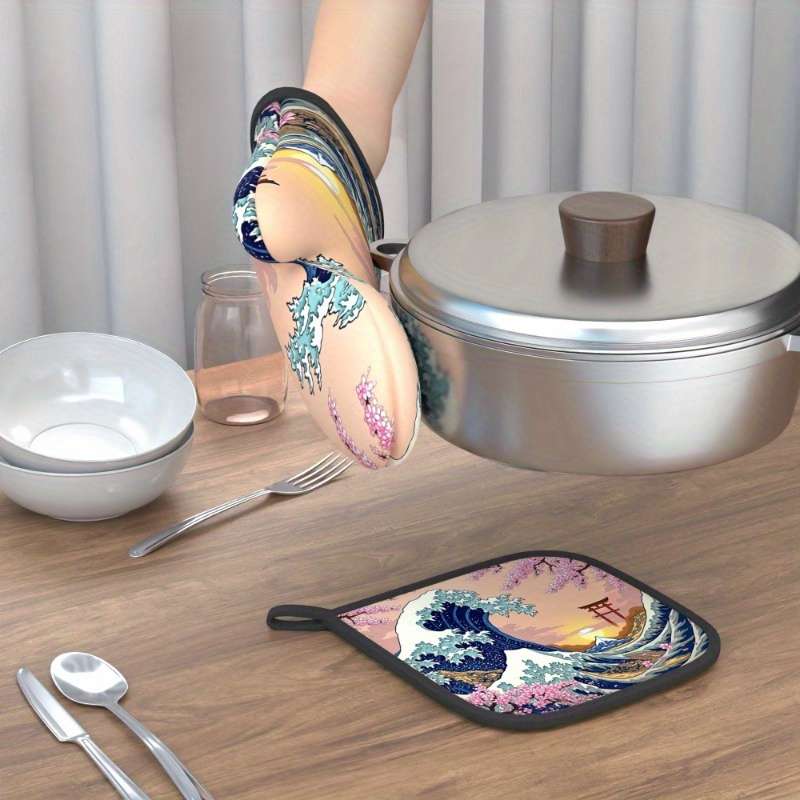 2pcs Set Cherry Blossom Oven Mitts Pot Holders 26.92x17.02cm Heat Resistant Non-Slip Kitch