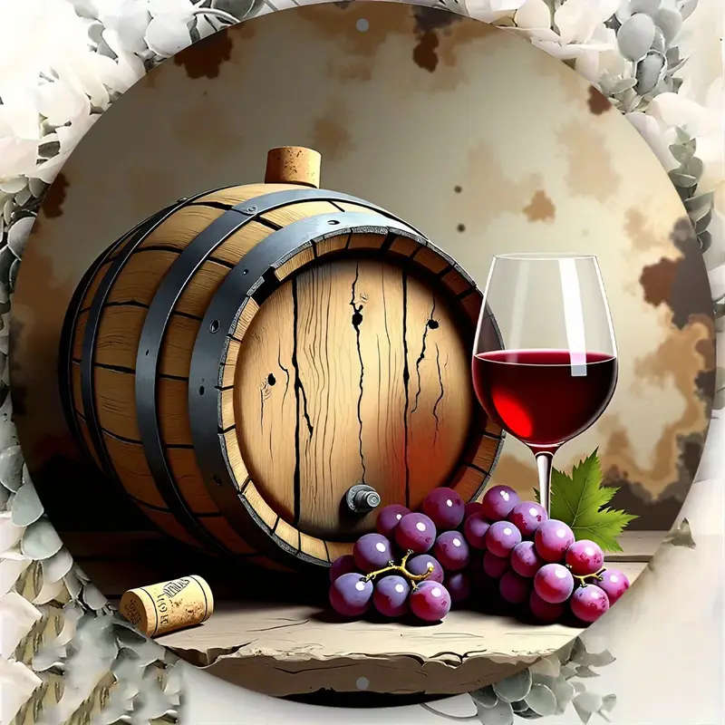 1pc 8-Inch Round Aluminum Sign Rustic Red Wine Wooden Barrel Design with Grapes Ideal for Holiday De
