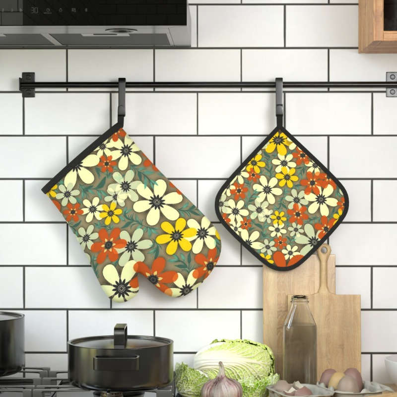 2pcs Floral Heat-Resistant Oven Mitts Potholders Watercolor White Yellow Red Flowers wit