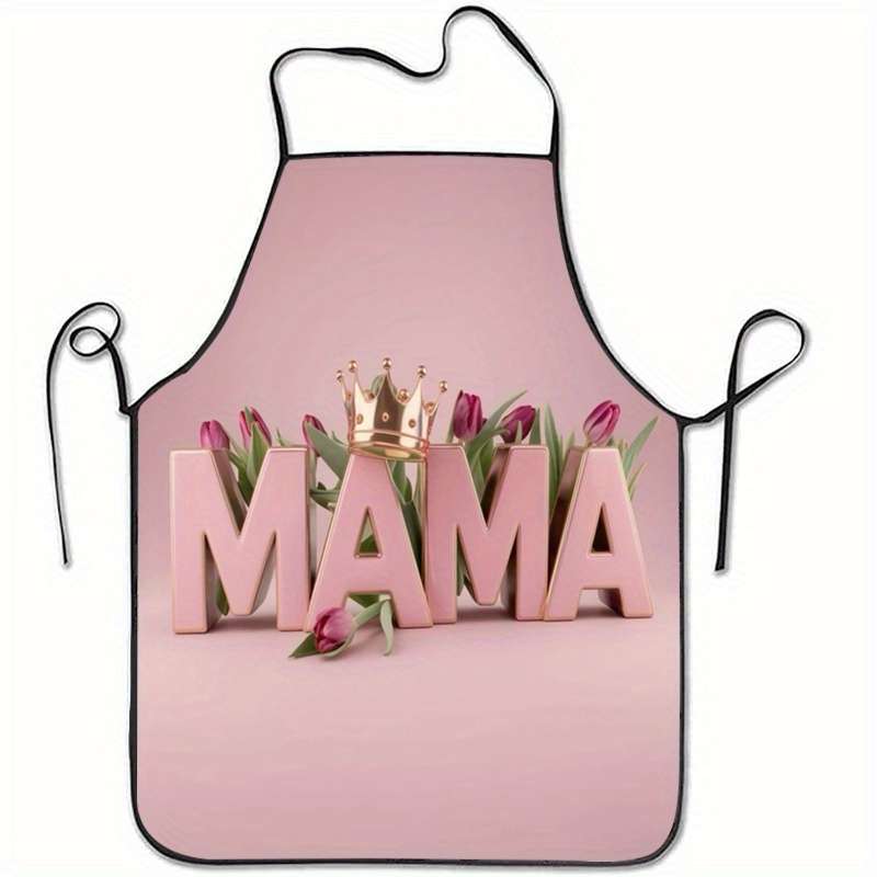 1pc Mother's Day MAMA Crown Tulip Print Sleeveless Polyester Apron Lightweight Durable and