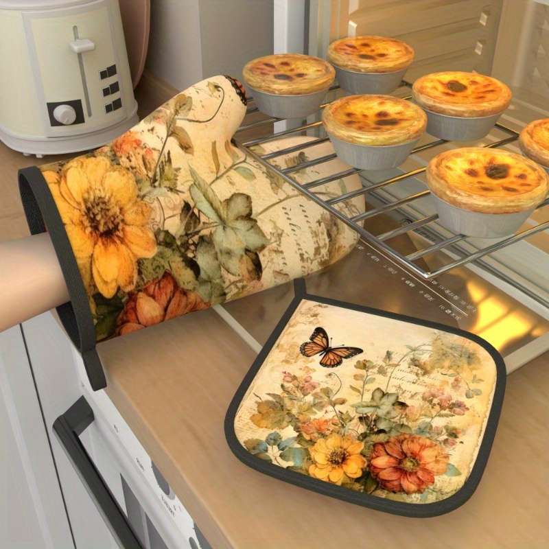 2pcs Vintage Floral Butterfly Heat-Resistant Oven Mitts 26.92x17.02 cm Polyester Kitchen Gl