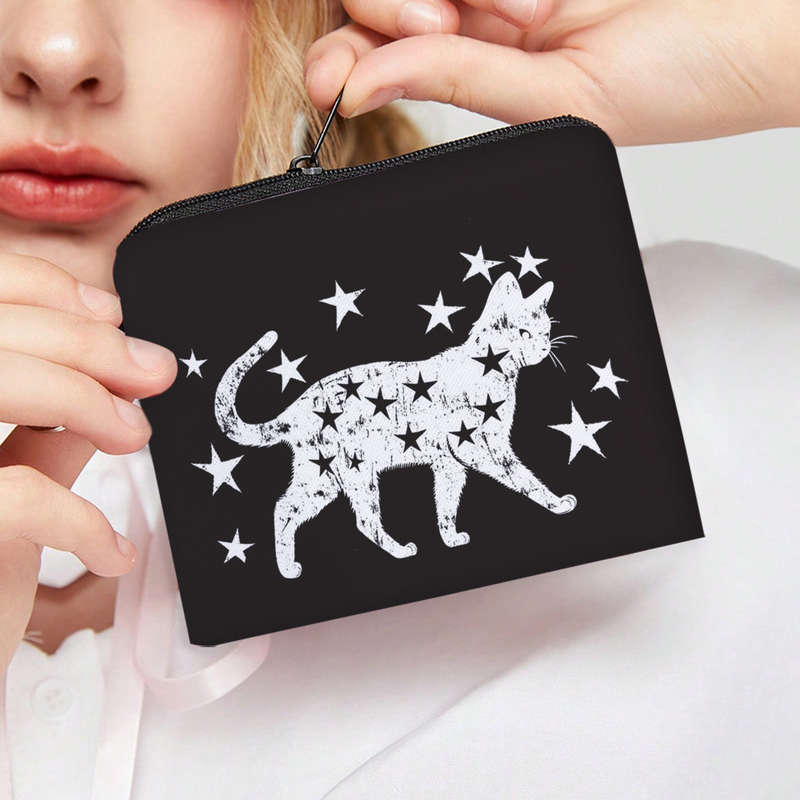 1pc Stylish Black Cat Star Print Polyester Coin Purse C High Quality Portable Zipper Pouch for K