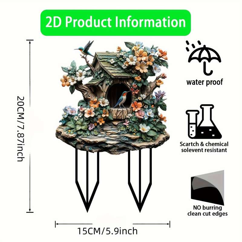 1pc 2D Flat   Acrylic Bird Garden Statue Vibrant Floral Design with Singing Bluebird in Birdhou